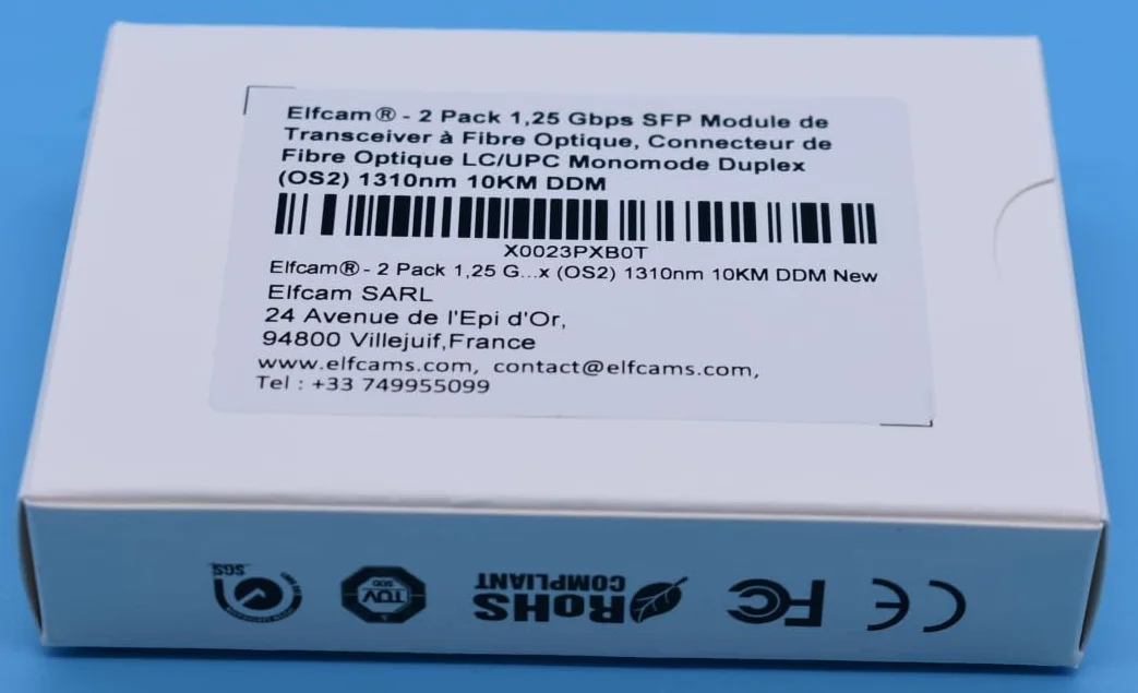 Elfcam - 2 Pack 1,25Gb SFP Module de Transceiver à Fibre Optique 1310nm 10km, Connecteur de Fibre Optique LC/UPC Monomode Duplex Compatible avec Cisco, Ubiquiti Networks, Huawei, D-Link, Open Switch