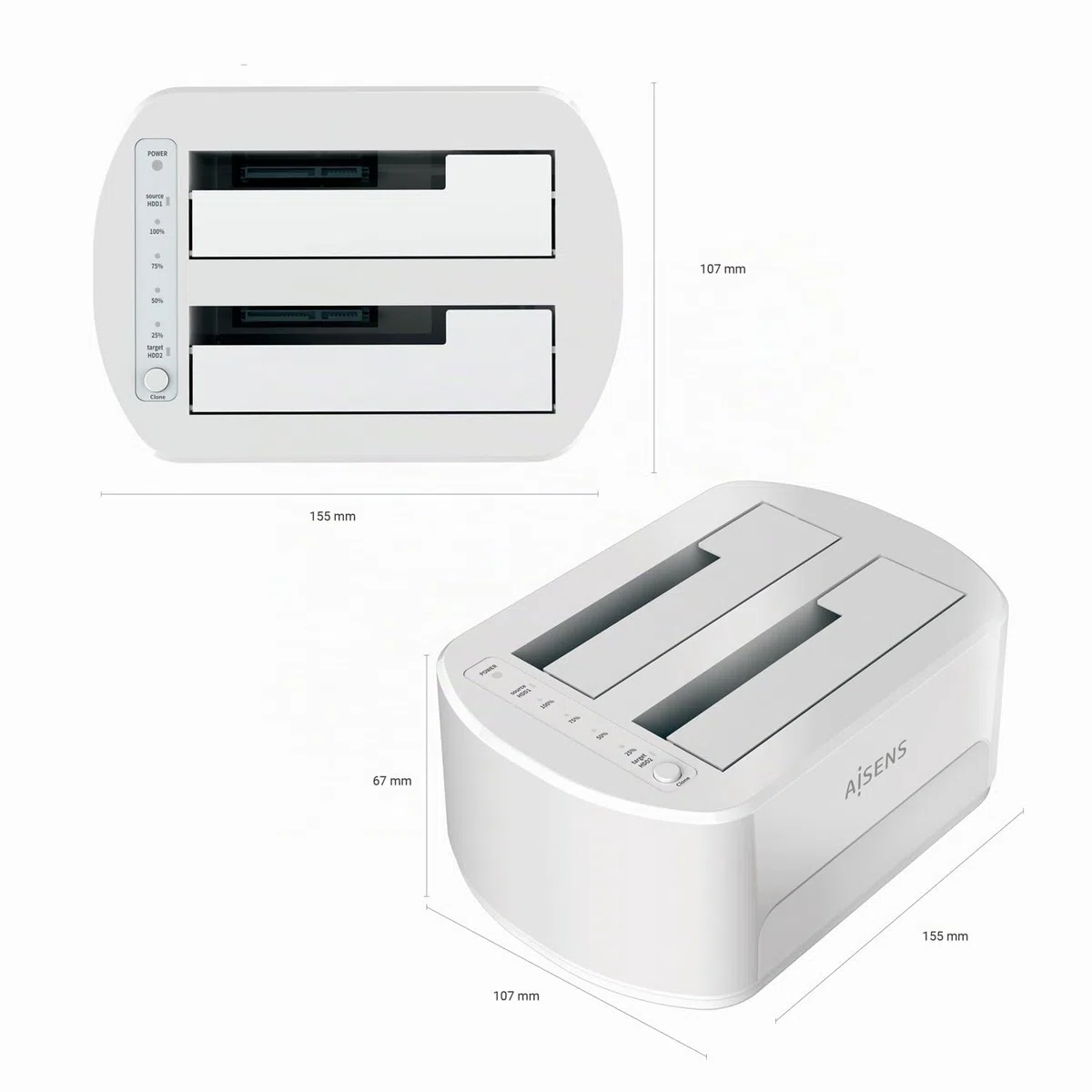 AISENS - ASDS-D02W - Station d'accueil Double Baie Asds-D02W SATA 2.5/3.5 A USB 3.0/3.1 Gen1, Clone, Blanc