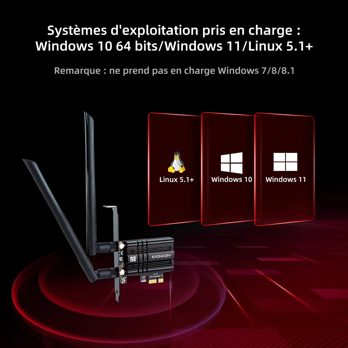 Carte WiFi PCIe AXE5400 Chipset Intel AX210 WiFi 6E avec Bluetooth 5.3 Tri-Bandes (6GHz/5GHz/2.4GHz) 5374Mbps PCI Express Carte réseau sans Fil Carte WiFi pour PC Windows 10/11 (Noir)