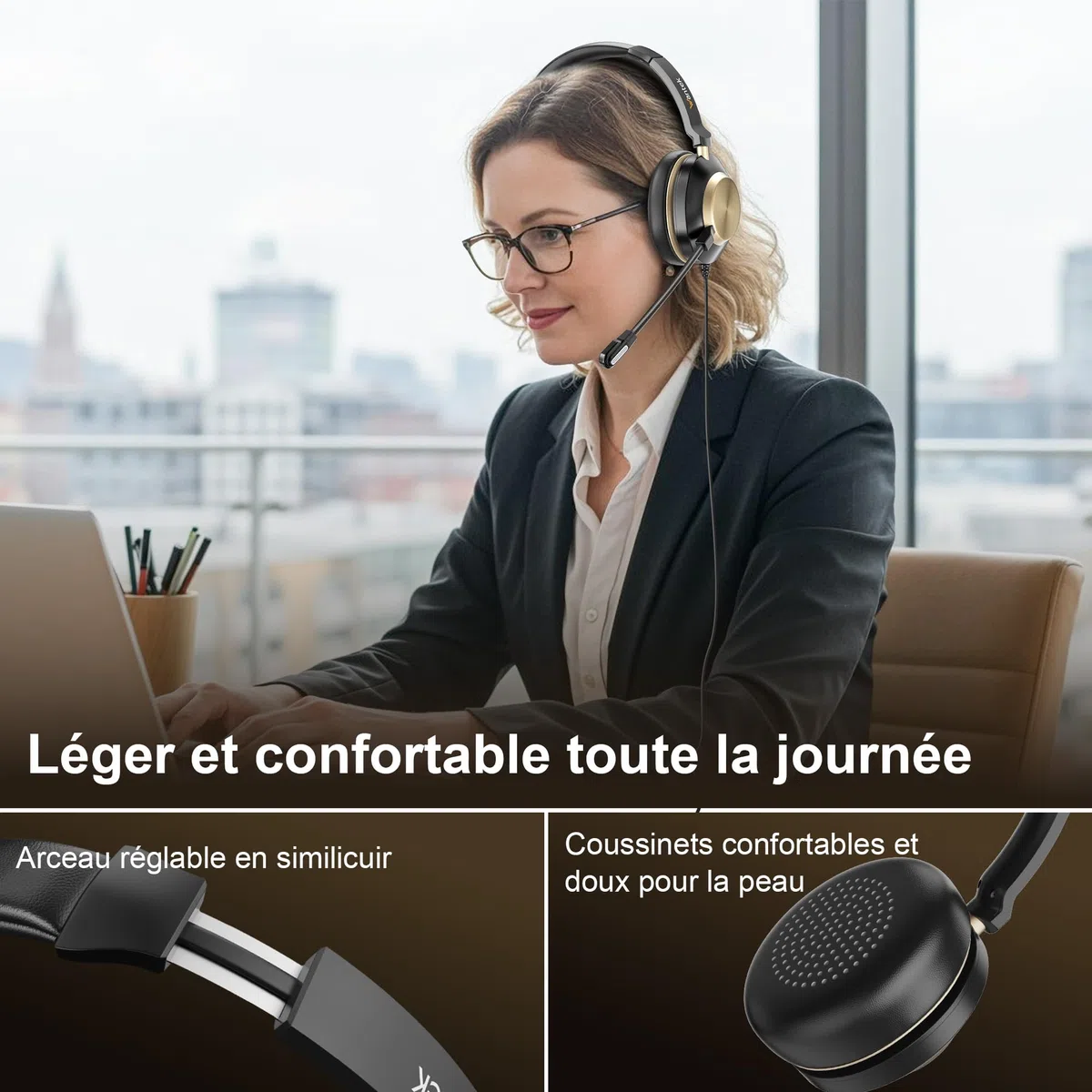 Wantek Casque 882F Stéréo avec Microphone à Réduction de Bruit - 3,5 mm-USB-Type-C pour Ordinateur Portable