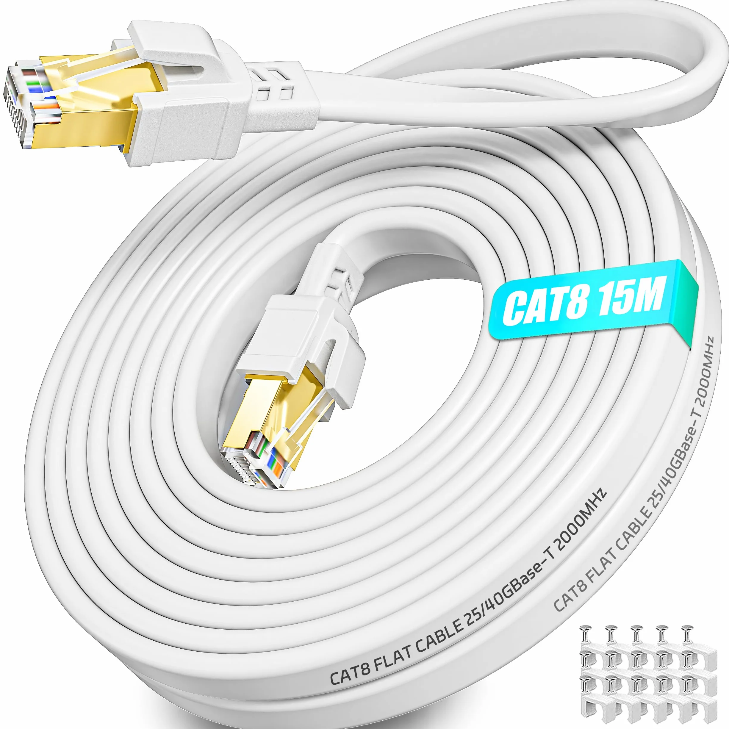 Soibke Cable Ethernet 15m, Cat 8 Cable RJ45 15m Blanc Haut Debit Câble Internet Exterieur, Gigabit Câble Réseau Blindé Plat pour Routeur Modem -40Gbps 2000MHz