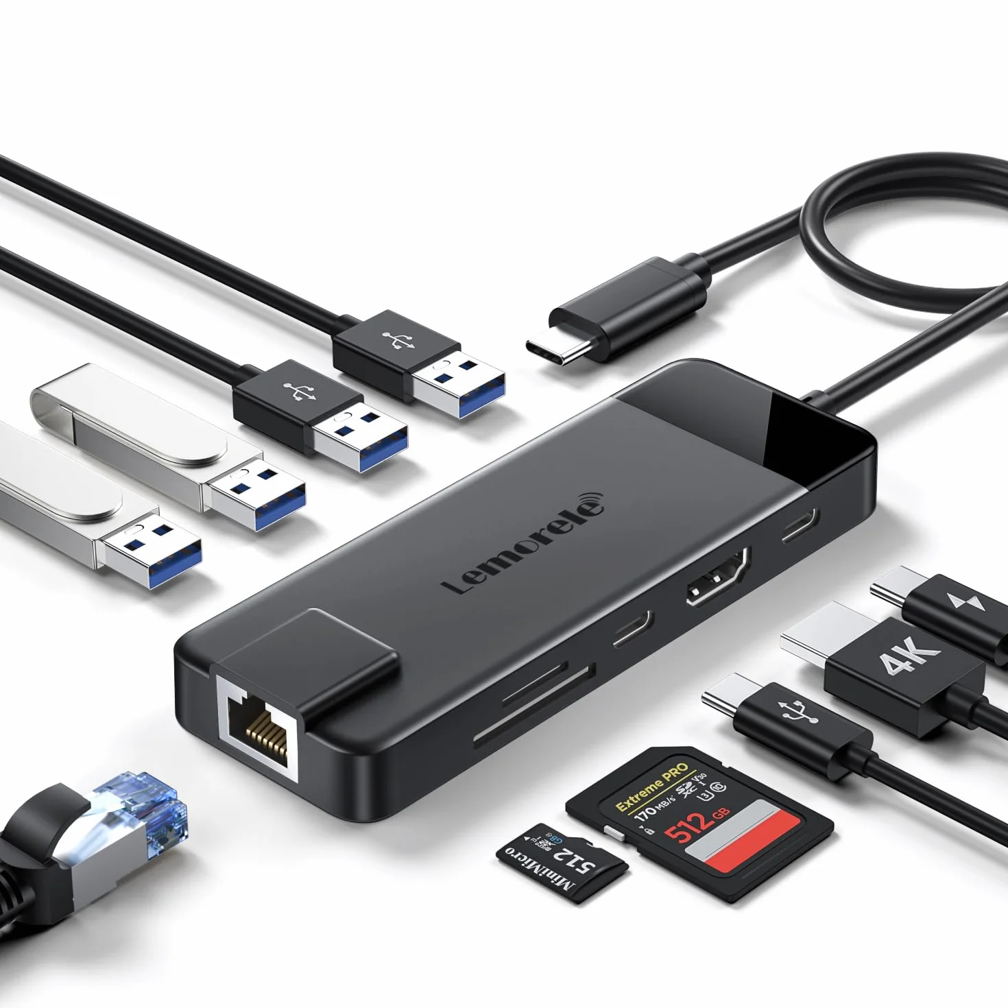 Lemorele Station d'accueil USB C 10-en-1, Hub USB-C vers HDMI 4K, 2 USB 3.0, 2 USB 2.0,Ethernet Gigabit, PD 100W, SD/TF, USB C Data, pour Macbook,iPad,Windows,Switch,PC,Téléphone Mobile,etc