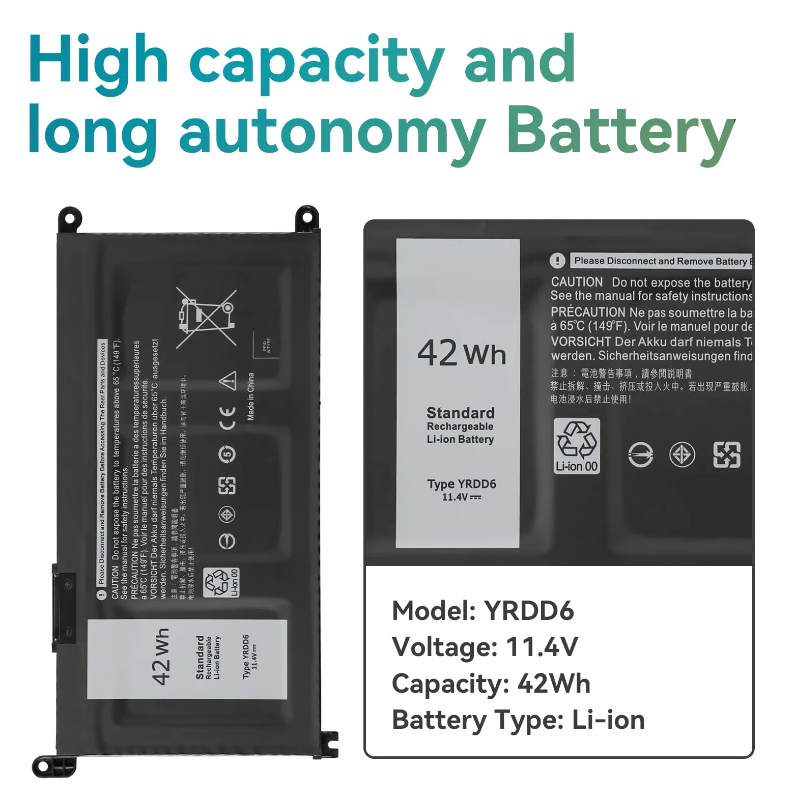 K KYUER 42Wh YRDD6 Batterie pour Dell Inspiron 3480 3481 3482 3490 3493 3590 3593 3595 3580 3581 3582 3583 3584 3585 3780 3781 3782 3785 3790 3793 5481 5485 5488 5491 5493 5590 5591 5593 5594 5598