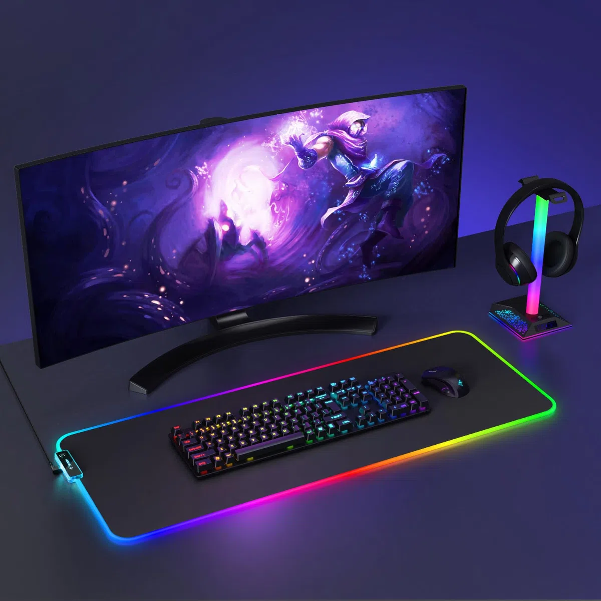 Hcman RGB Tapis de Souris de Jeu Grand, Epais (800×300×4mm) Tapis de Souris en LED Etendu de Taille XXL avec Base Antidérapante en Caoutchouc, de Clavier d’Ordinateur Doux