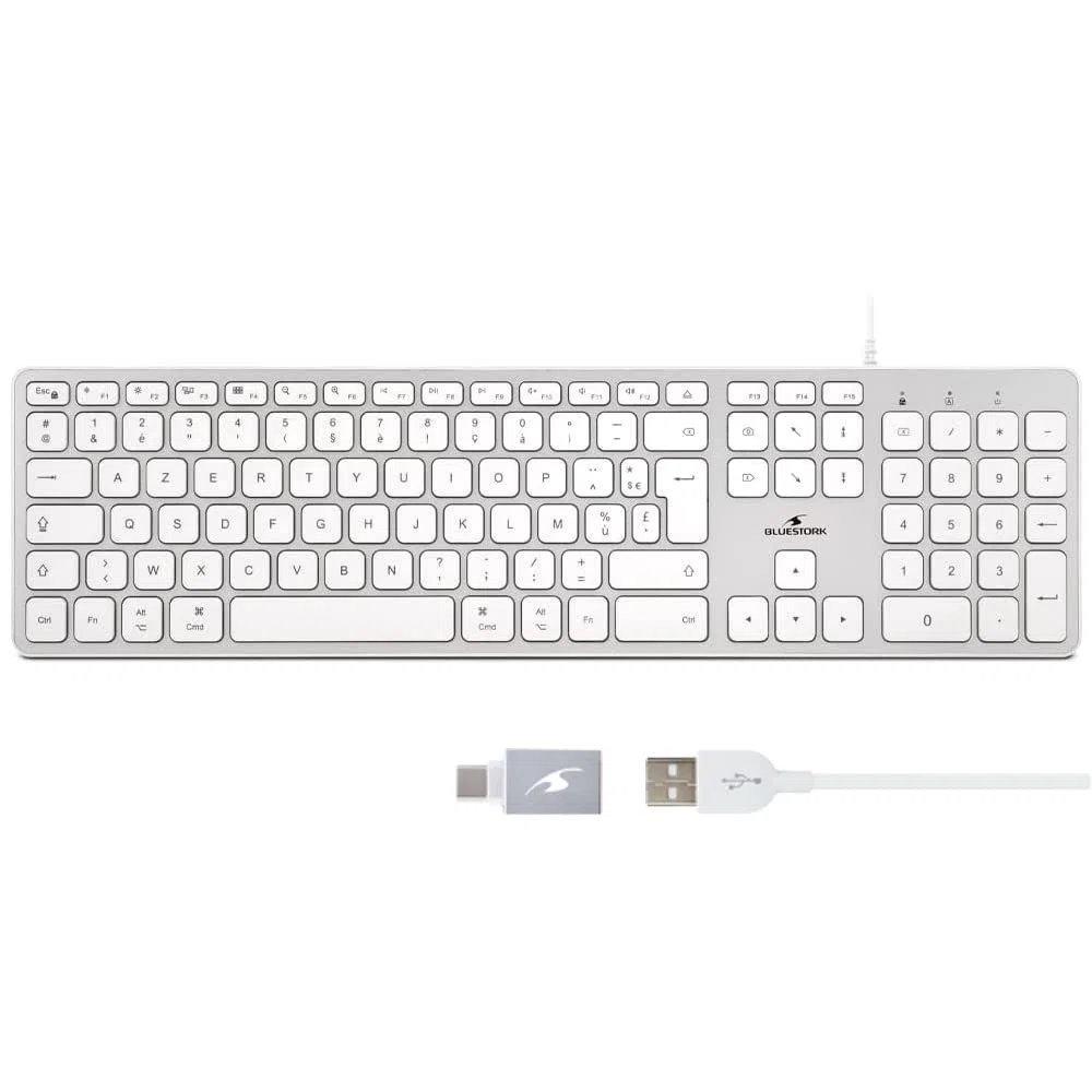 Bluestork Clavier Français AZERTY Filaire pour Mac - Touches Concaves et Silencieuses, 13 Raccourcis Multimédia, Adaptateur USB/USB-C