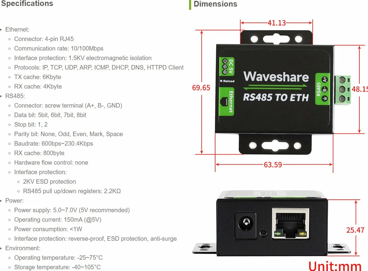 Waveshare RS485 to Ethernet Converter M0 Series 32-bit Arm Processor Supports DNS Domain Name Resolution Customized Registration Packets Heartbeat Packets Configurable Via Webpage Get and Post