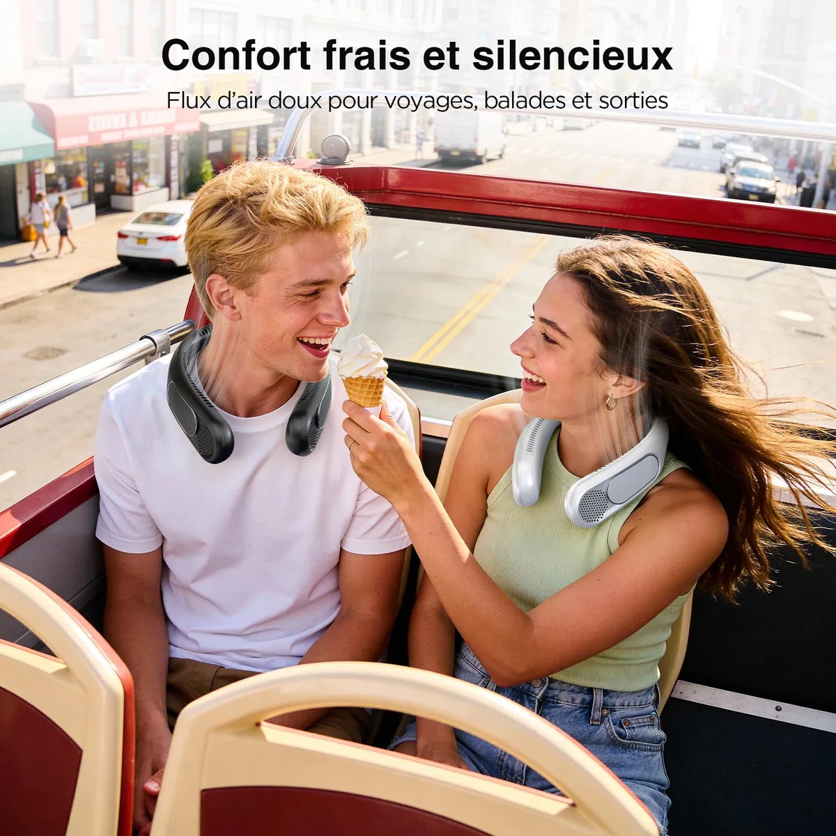Ventilateur de Cou,Ventilateur Portable Cou Sans Lame Rechargeable 6000mAh, Ventilateur USB à 4 Vitesses, Idée Cadeau pour Hommes et Femmes, Intérieure et Extérieure Voyages（Blanc）