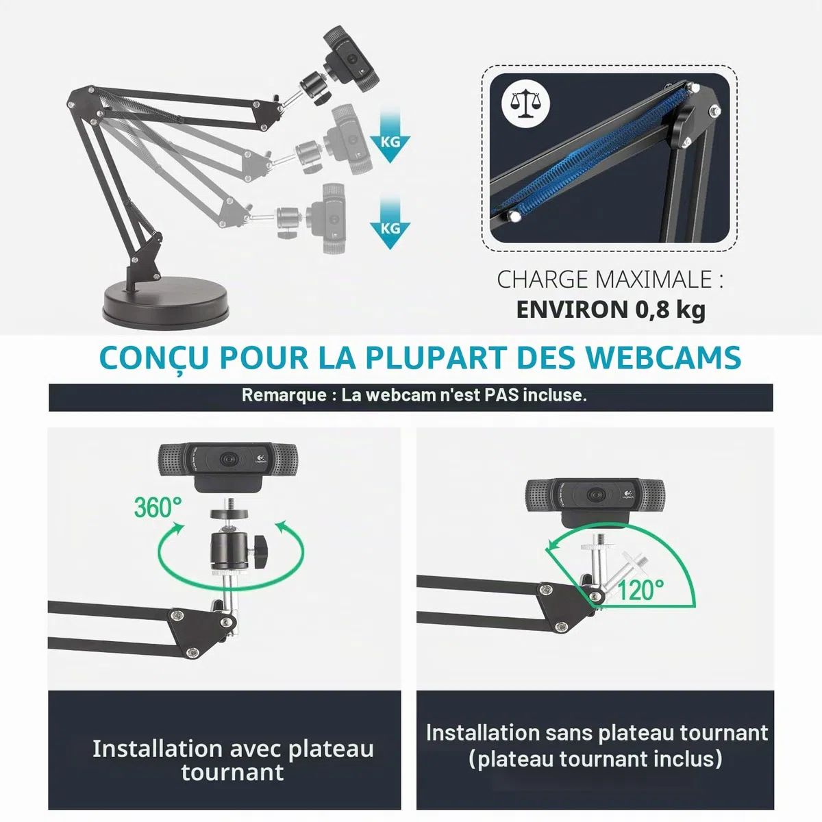 Support de Webcam, Support de Bras de 22 Pouces avec Base, Compatible avec la Webcam C925e C922x C922 C930e C930 C920 C615, Hero 8/7/6/5, Ultra/Pro/Pro 2 / Pro 3/Brio 4K