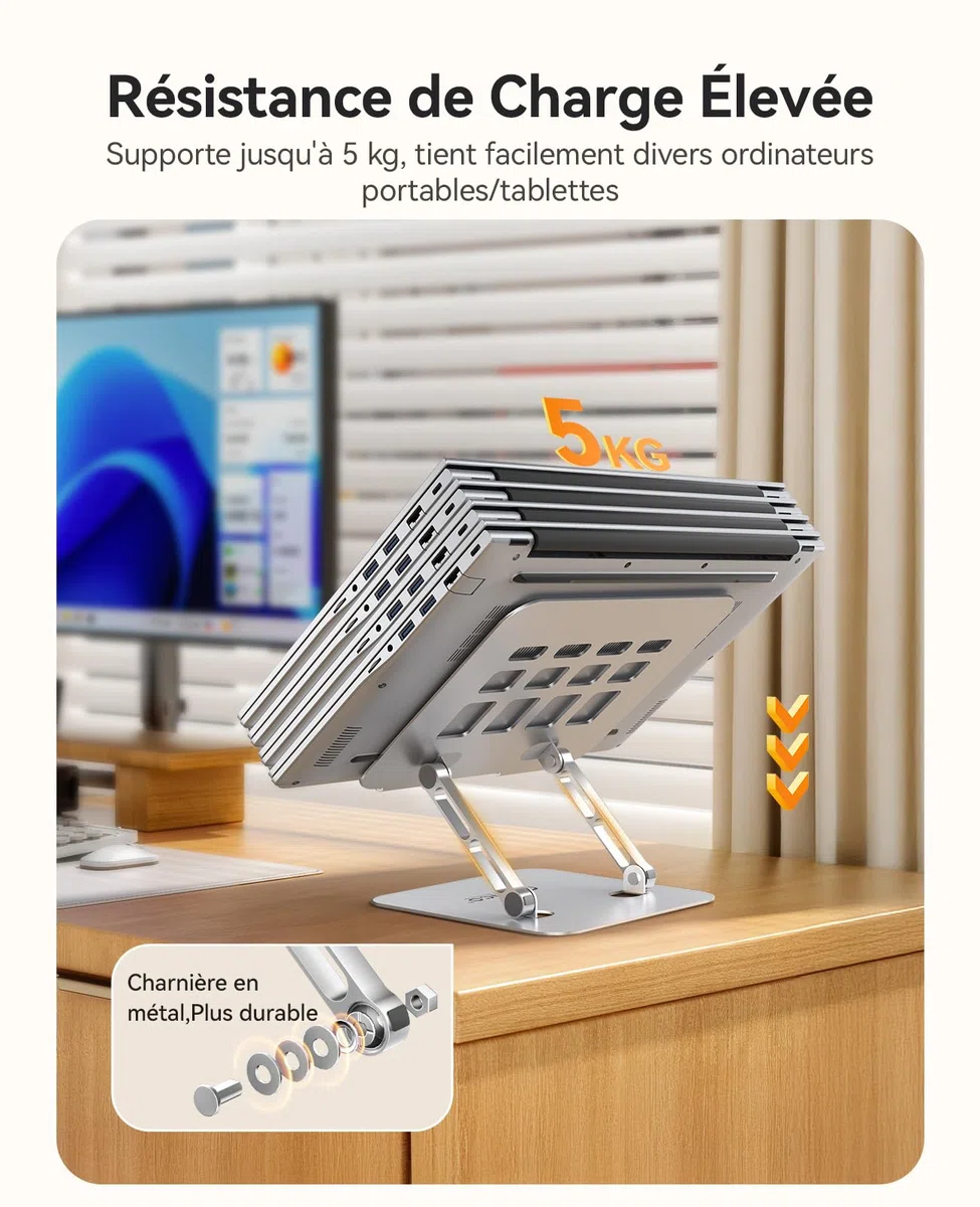 ORICO Support Ordinateur Portable Réglable en Hauteur, Support PC Portable Pliable en Aluminium, Support Ergonomique Ventilé pour Bureau, Compatible MacBook Air/Pro et Laptops 10-17"- ST11, Argent