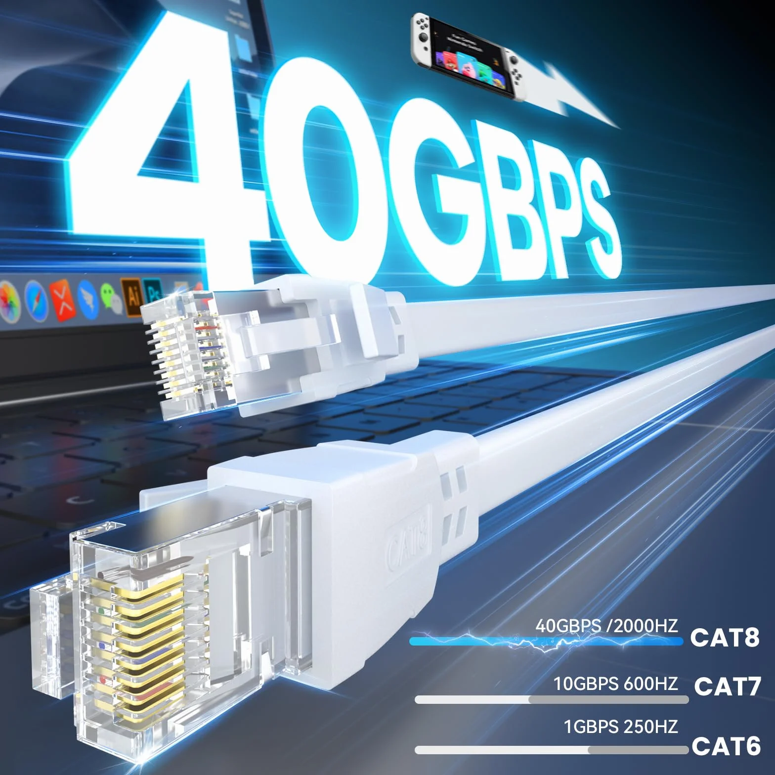Câble Ethernet Cat8 0,5m 10 Pièces, 40 Gbit/s 2000 MHz Câble Réseau Gigabit LAN Haute Vitesse Avec RJ45 et Connecteur Plaqué or Câble Internet pour Routeur, pour Laptop, pour TV - Blanc