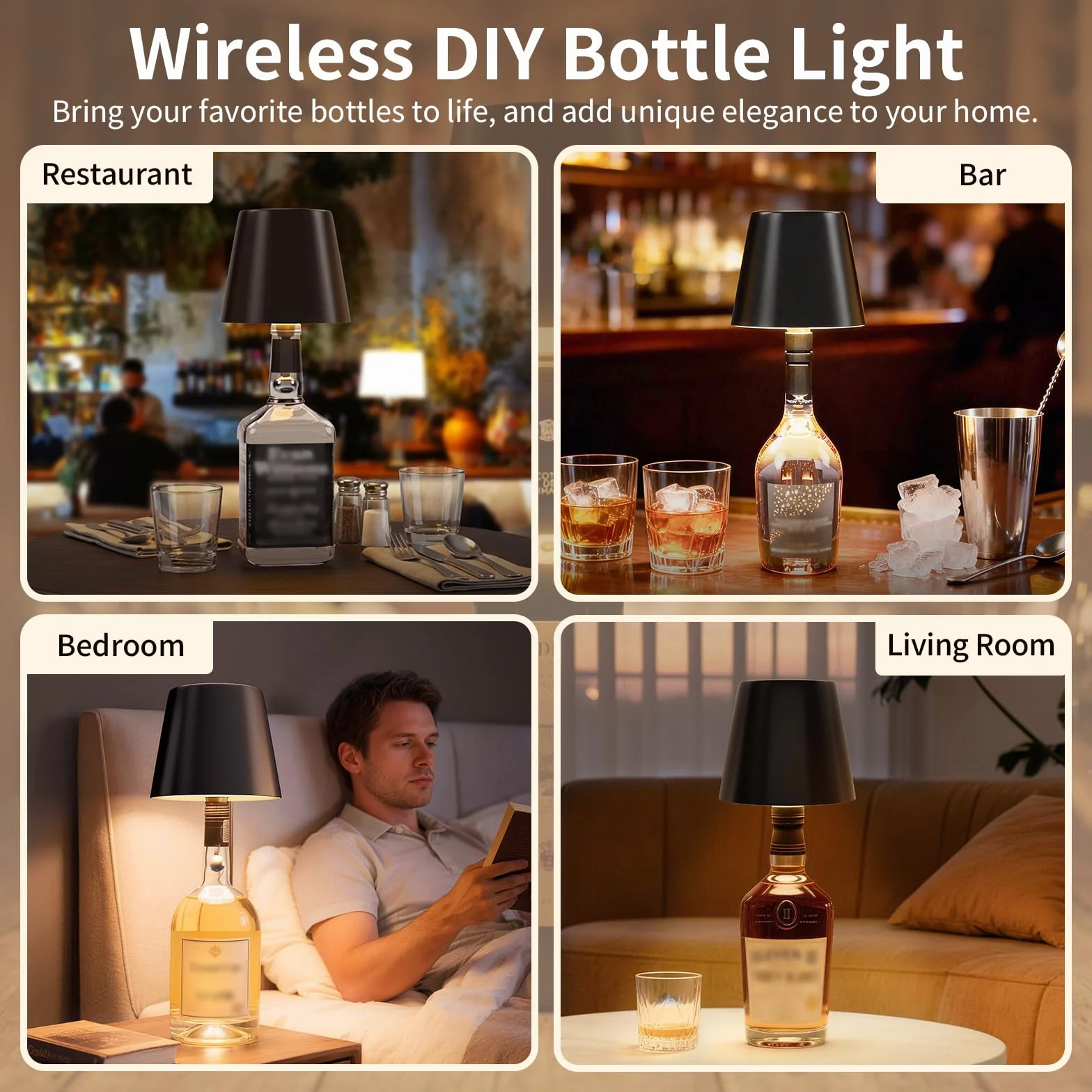 Lot de 2 lampes LED en bouteille - Lampe de table sans fil pour l'intérieur et l'extérieur - 3 couleurs de lumière - Intensité variable tactile en continu - Étanchéité IP54 - Boîtier