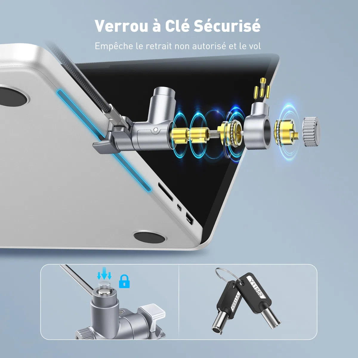 AboveTEK Câble de verrouillage pour ordinateur portable MacBook Pro 14/16 (2021–2024), verrou de sécurité antivol à clé pour ordinateur portable, câble de verrouillage d'ordinateur en acier résistant