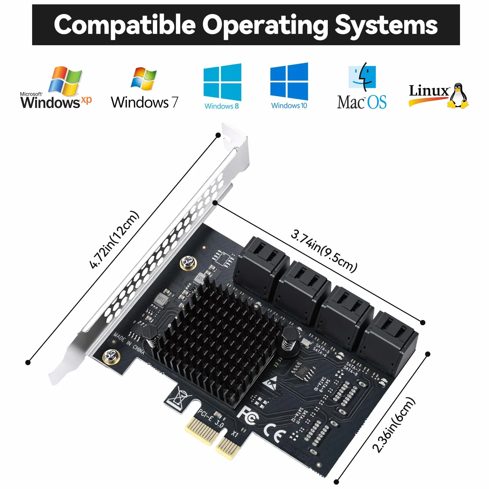 ELUTENG Carte PCIe SATA 8 ports, adaptateur PCIe vers SATA SATA 3.0, carte contrôleur PCI Express X1, carte d'extension pour ordinateur de bureau, prise en charge du disque SSD HDD, démarrage comme