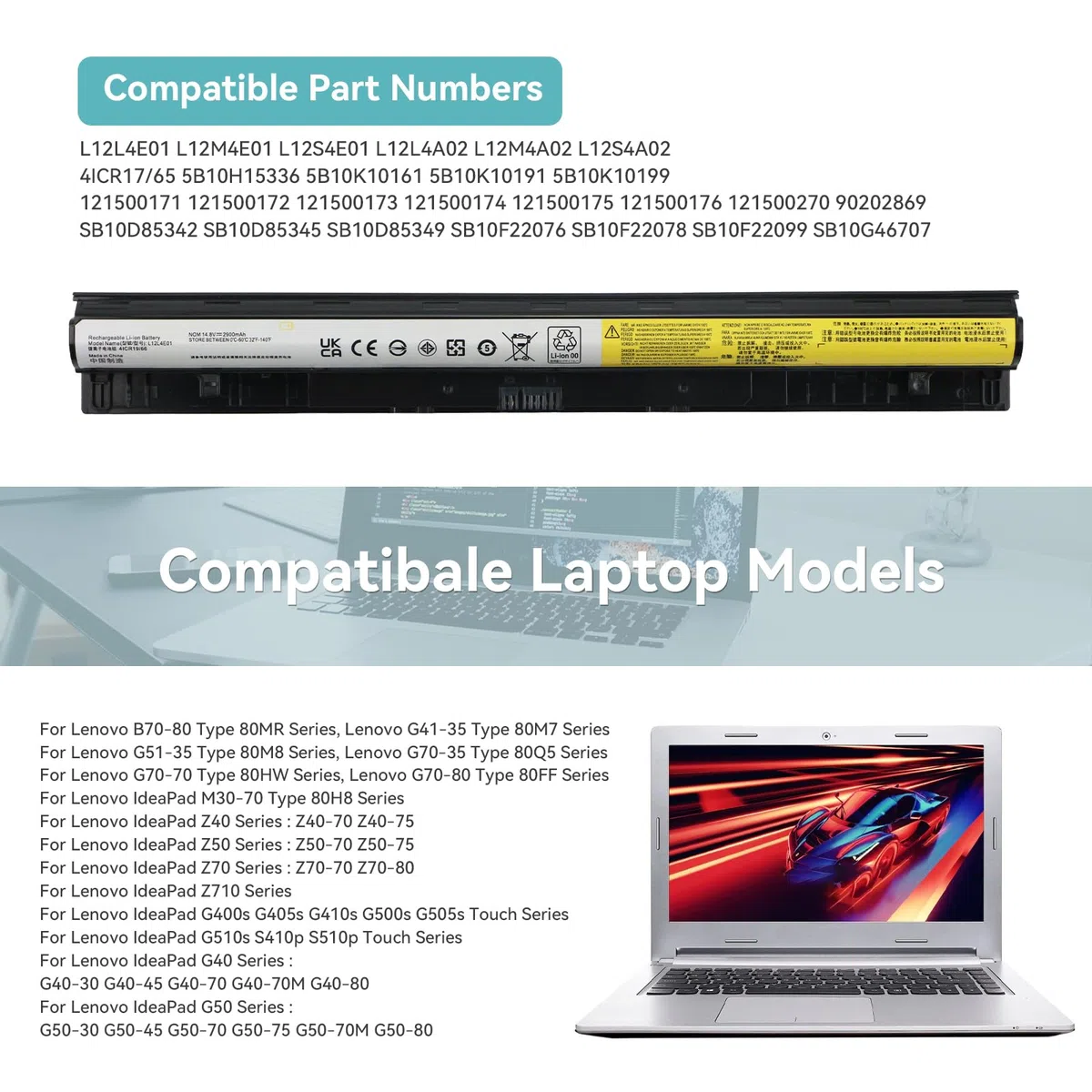 L12M4E01 L12L4E01 L12S4E01 L12L4A02 L12M4A02 L12S4A02 Batterie pour Lenovo IdeaPad G400S G405S G410S G500S G505S G510S G50-30 G50-45 G50-70 G50-70M G50-75 G50-80 G40-30 G40-45 G40-70 G40-80 Z50-70