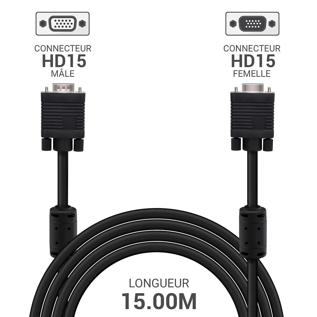 Waytex 27227 Câble 15,00 m Mâle/Femelle, Câble VGA (15 broches) full HD 1080p, compatible 3D pour ordinateur, écran, moniteur, rétroprojecteur