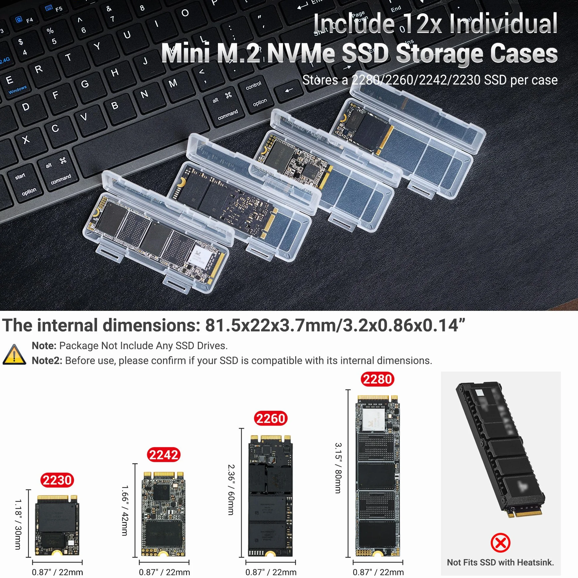 Support Dur M.2 SSD Dual Protect avec 12 PCS Individual Clear M.2 NVMe Case pour Stockage de disques SSD M.2 2280 2260 2242 2230, résistant à l'eau et aux Chocs