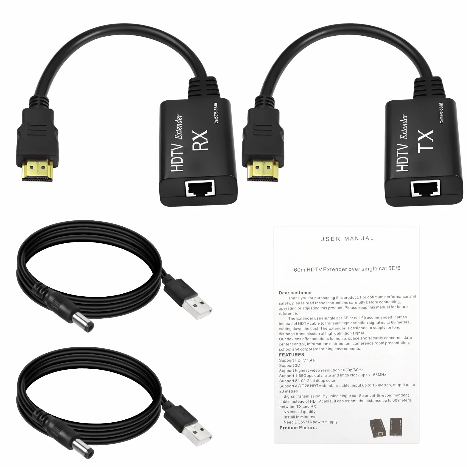 XMSJSIY Rallonge HDMI mâle vers RJ45 réseau LAN 60 m Convertisseur répéteur sur Cat 5e/6 1080p jusqu'à 60 m pour HDTV HDPC 4K 2K (60 m) - Besoin de régler la distance de transmission