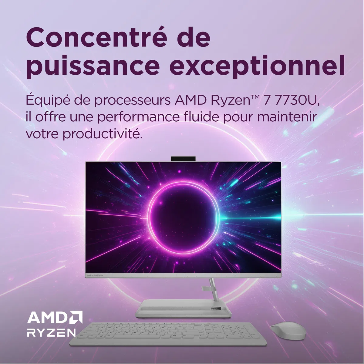 Lenovo IdeaCentre AIO 3 27ALC6 - Ordinateur de Bureau Tout-en-Un 27" FHD (AMD Ryzen 7 7730U, 16 Go RAM, 512 Go SSD, Graphique AMD Radeon, Windows 11 Home) Clavier AZERTY et Souris - Blanc