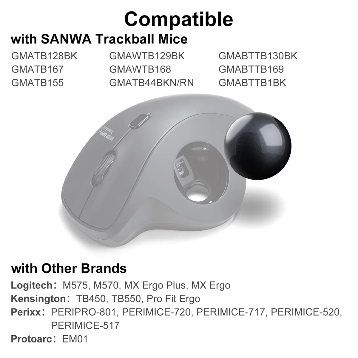 SANWA Trackball 34mm/1.34in, Bille de Remplacement pour Logitech M575, M570, MX Ergo, Perixx, Kensington et Autres Souris Trackball Compatibles, Noir Brillant