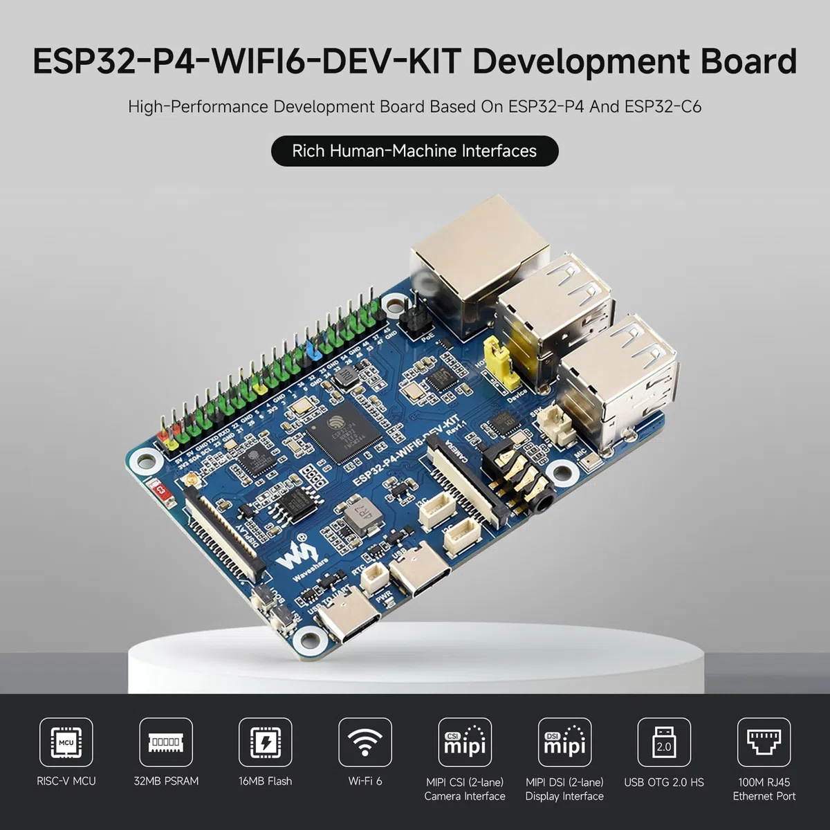 Waveshare ESP32-P4-WIFI6-DEV-KIT High-Performance Development Board, Based on ESP32-P4 & ESP32-C6, Supports Wi-FI 6, BT 5 & BLE 5, Bundle with Board and Speaker