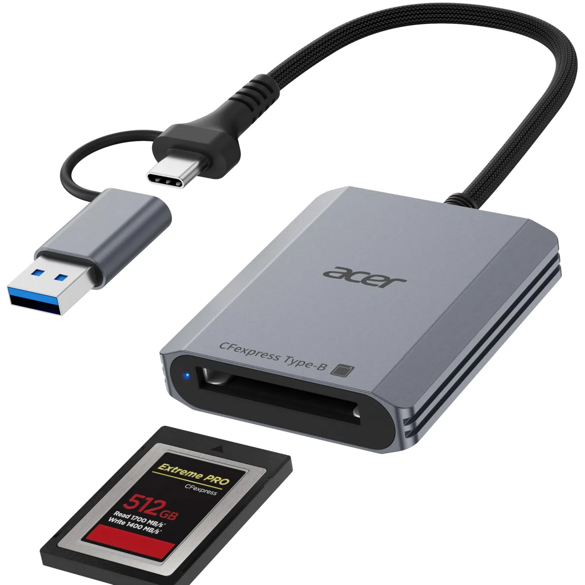 Acer Lecteur de Carte CFexpress Type B 10Gbps, Card Reader CFB USB-C et USB-A 3.2 Gen 2, Adaptateur Carte Mémoire CFe Type B 1250MB/s pour PC, iPhone17, Samsung S26, MacBook, iPad Pro, etc.