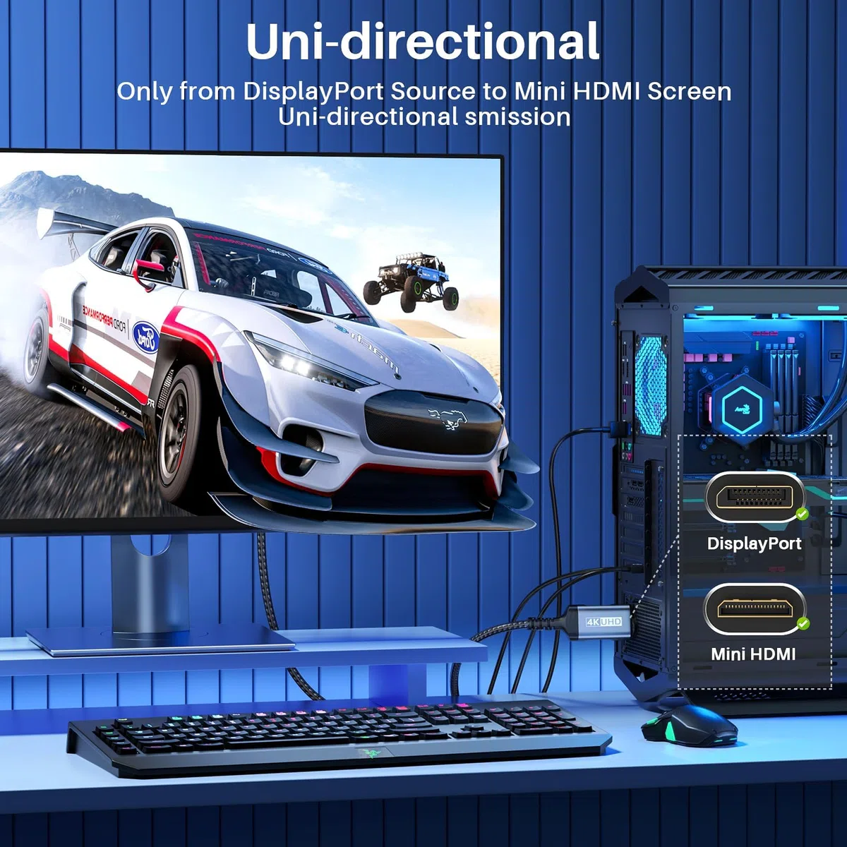 ZeroneTeck Câble DisplayPort vers Mini HDMI unidirectionnel 1M, 4K@60Hz UHD, compatible avec ordinateurs, moniteurs, Ecran Portable, AMD, NVIDIA, ARZOPA, projecteurs, mini PC. Câble nylon anti-flexion