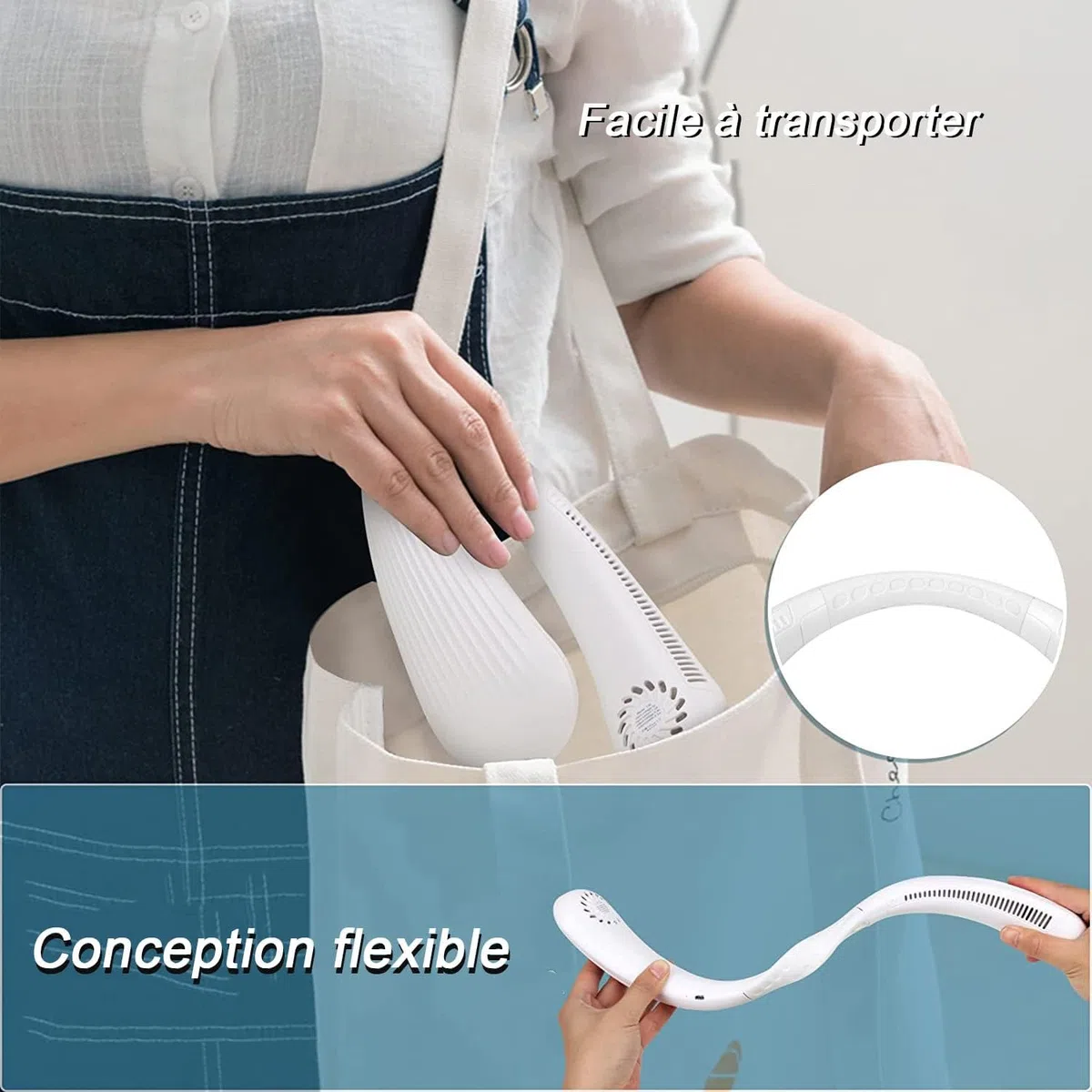 Ventilateur cou Portable,USB Ventilateur 4000mAh Rechargeable sans lame Silencieux personne Collier Ventilateur Nuque Refroidisseur 3 Vitesses, pour Bureau (Blanc)