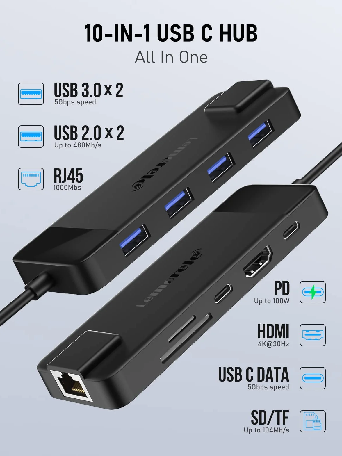 Lemorele Station d'accueil USB C 10-en-1, Hub USB-C vers HDMI 4K, 2 USB 3.0, 2 USB 2.0,Ethernet Gigabit, PD 100W, SD/TF, USB C Data, pour Macbook,iPad,Windows,Switch,PC,Téléphone Mobile,etc