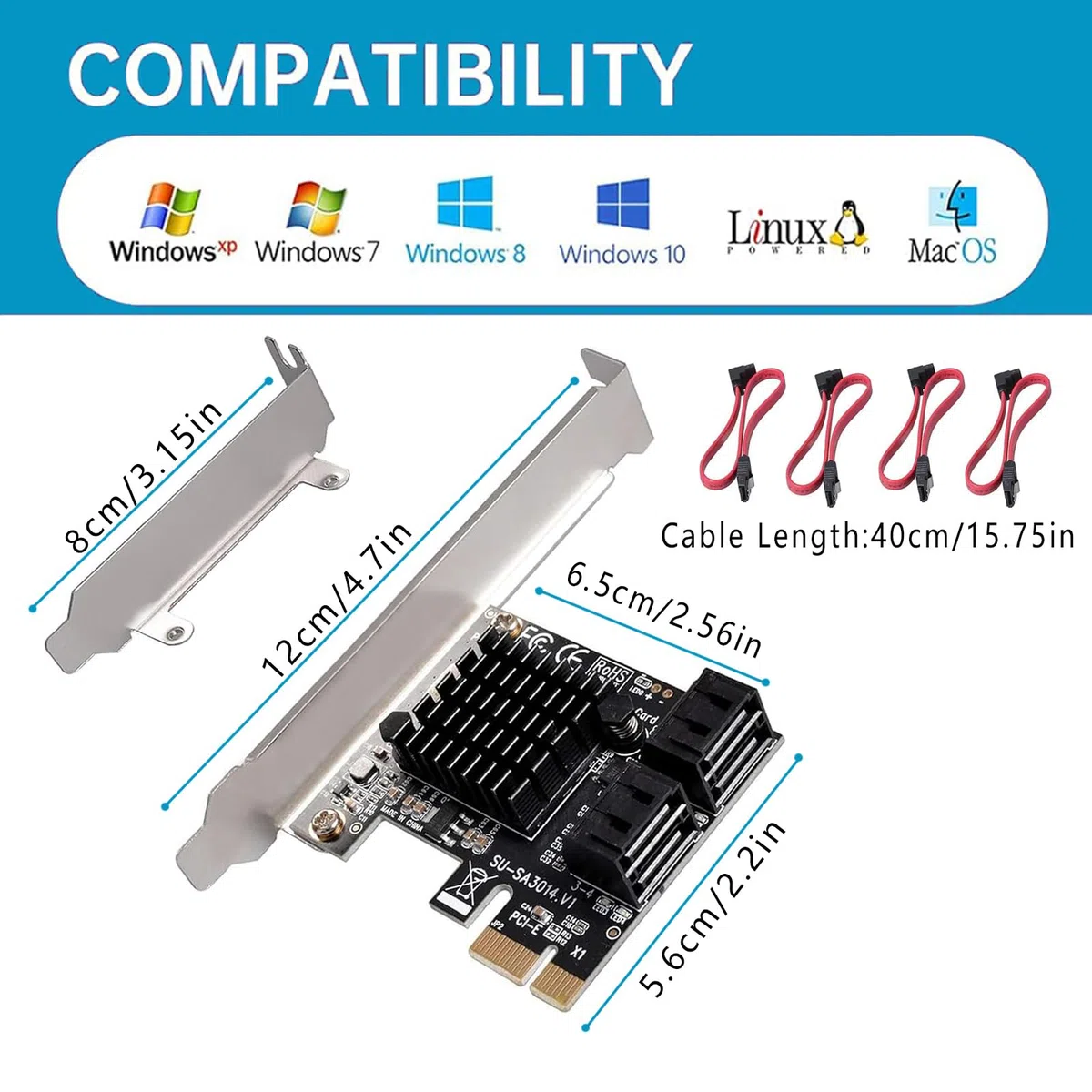 Carte d'extension PCIE 4 ports SATA III 6 Gbps PCIE 1X vers SATA 3.0 - 4 ports - Prise en charge SSD et disque dur pour Windows 7/8/10/XP/linux/Vista
