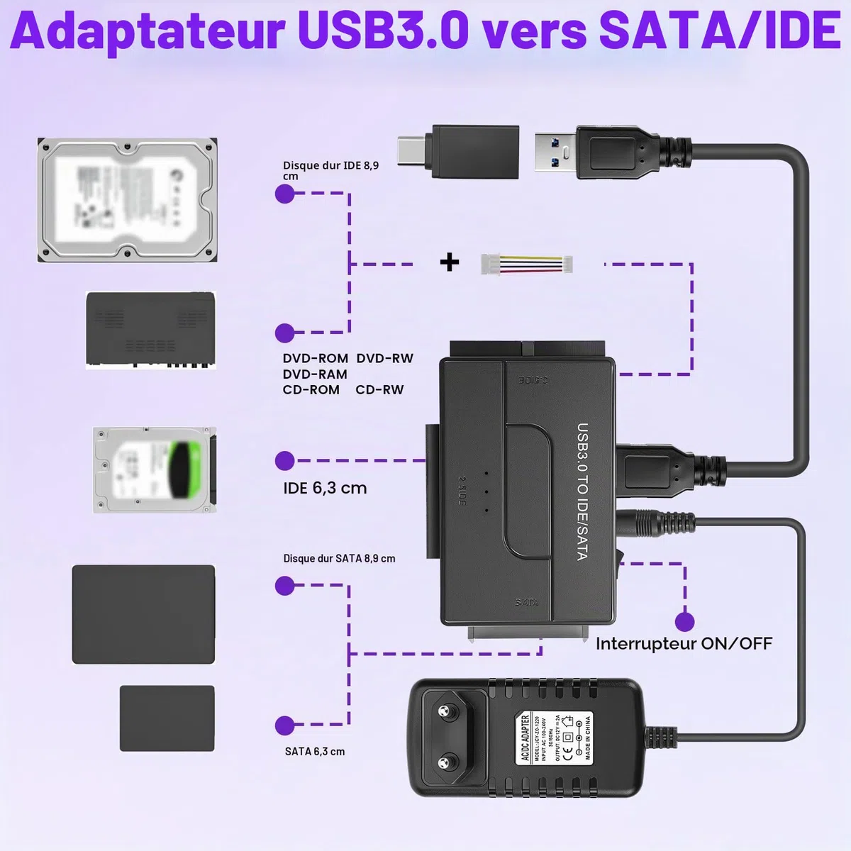 5Gbps IDE Adaptateur Disque Dur USB 3.0 pour 2.5"/ 3.5" HDD/SSD, Convertisseur SATA et IDEAdaptateur de Disque Dur IDE/SATA pour Windows avec Câble USB/Alimentation 12V 2A/SATACâble