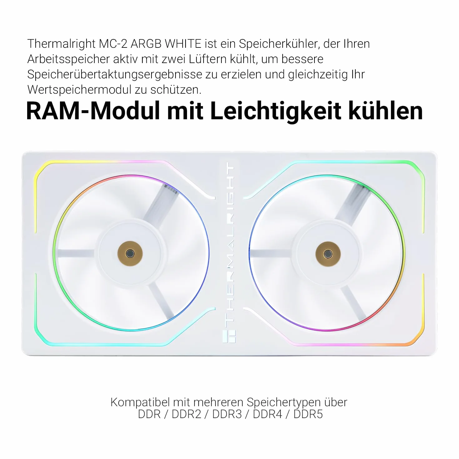 Thermalright MC-2 ARGB White Memory Cooler, double ventilateur avec design PWM 3200 tr/min, refroidisseur de RAM silencieux, flux d'air de 16,17 CFM pour kits de RAM DDR5/DDR4 de bureau (blanc)