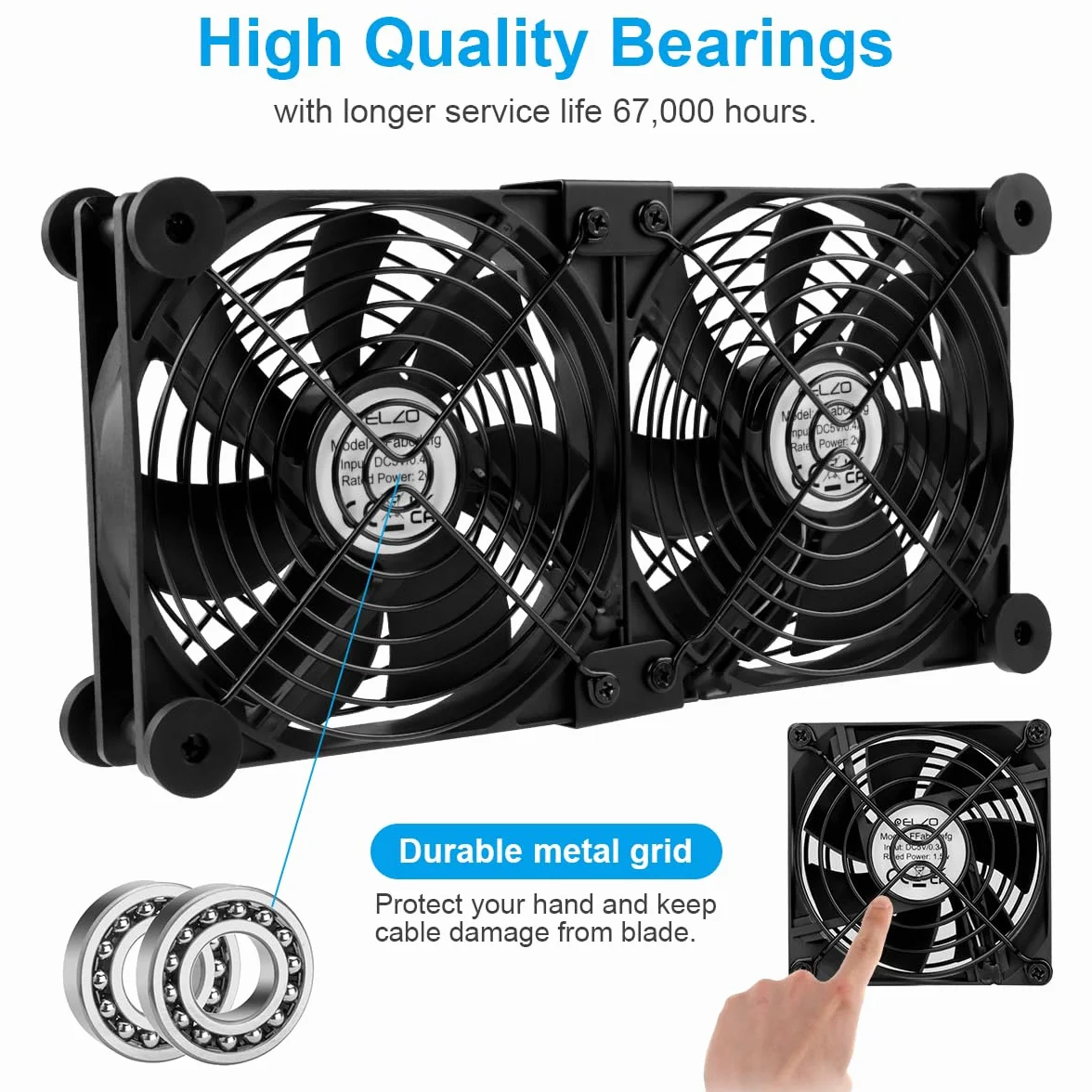 ELZO Ventilateur PC USB 120 mm double rangée 2 en 1, ventilateur d'ordinateur portable avec 3 vitesses réglables, ventilateur de refroidissement électronique avec 8 absorbeurs de chocs