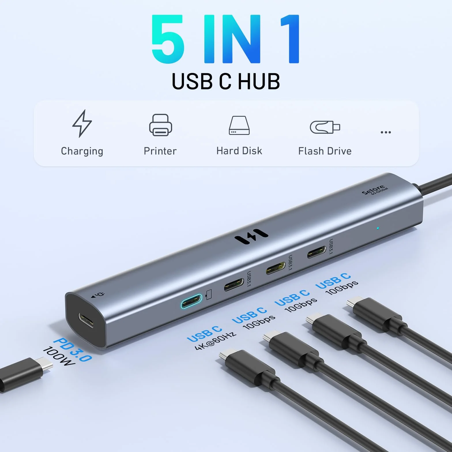 Hub vidéo USB C Type C 10 Gbps 5 en 1 Adaptateur USB C avec écran Vidéo 4K @ 60 Hz et Données 10 Gbps, 3 Ports de Données Type C 3.1 Gen2, 100 W PD pour MacBook Pro/Air M2 M1, Dell, HP