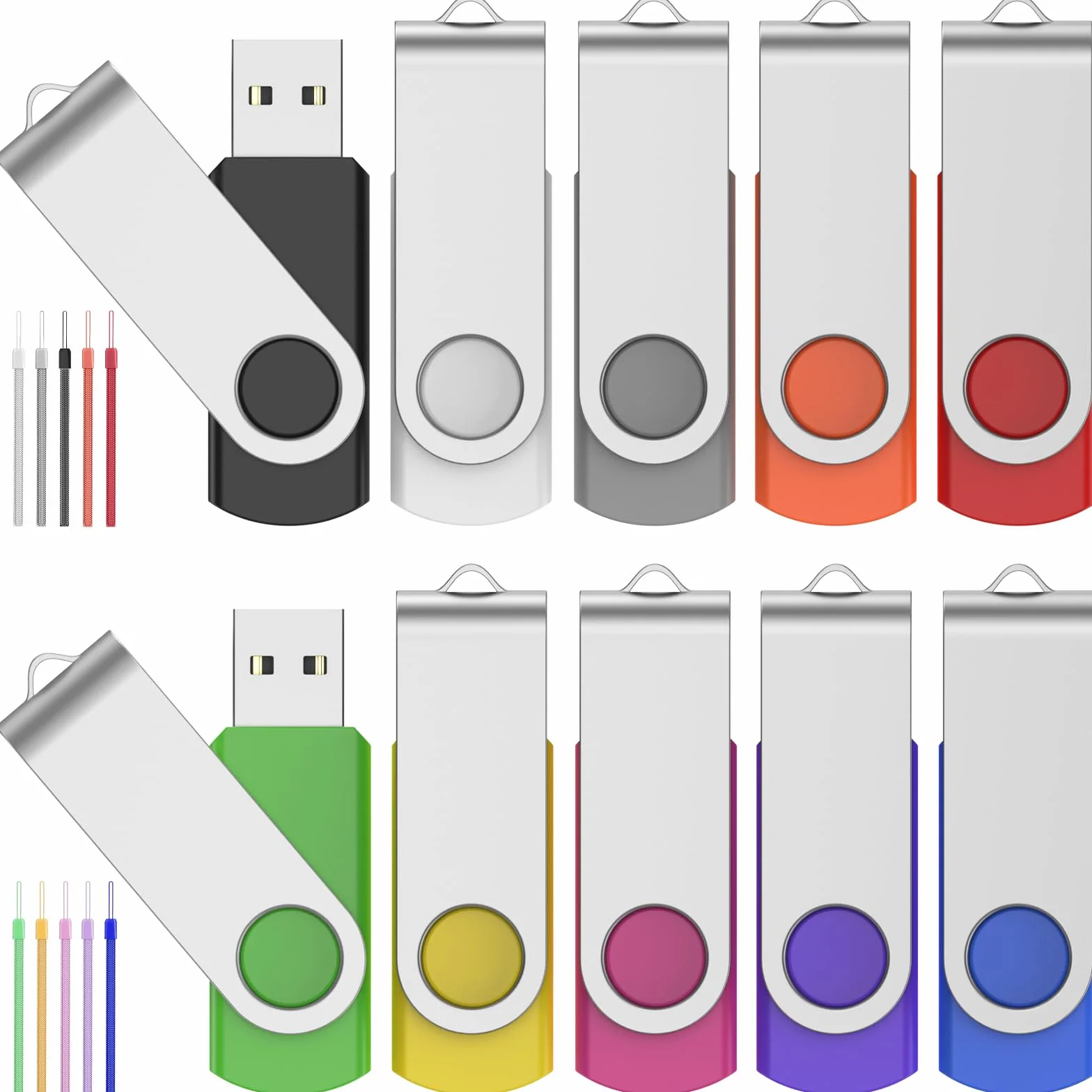 FEBNISCTE Clé USB 128MB - Lot de 10 Clés 2.0 Mémoire Sticks Rotatifs - Petite Capacité PenDrive Lecteur Flash Multicolore avec Cordes
