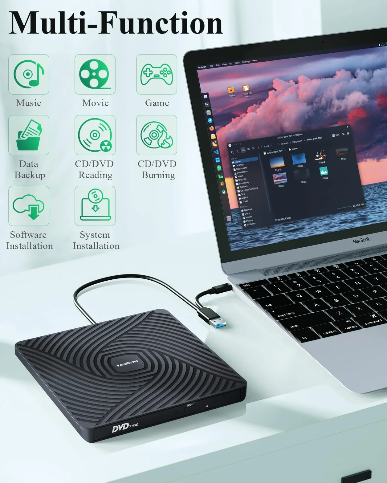 PeroBuno Lecteur CD DVD Externe pour PC, USB 3.0 et Type-C Graveur DVD Externe, Lecteur DVD ROM Externe Portable Ultra-Mince de 0,5 Pouce pour Laptop, Macbook PC Windows 11/10/8/7 Linux Mac OS