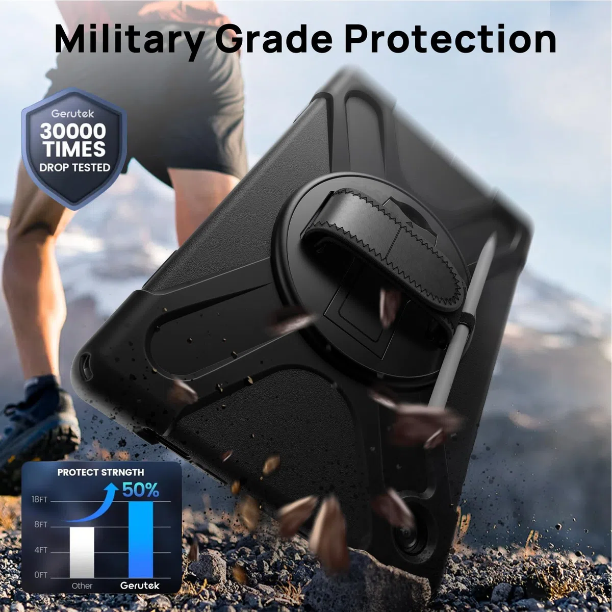 Gerutek Coque Antichoc pour Samsung Galaxy Tab A11 Plus 11" 2025, (SM-X230/X235/X236B), Étui Robuste avec Support Rotatif, Dragonne et Bandoulière, Porte-Stylo, Housse pour Galaxy Tab A11+ Plus, Noir