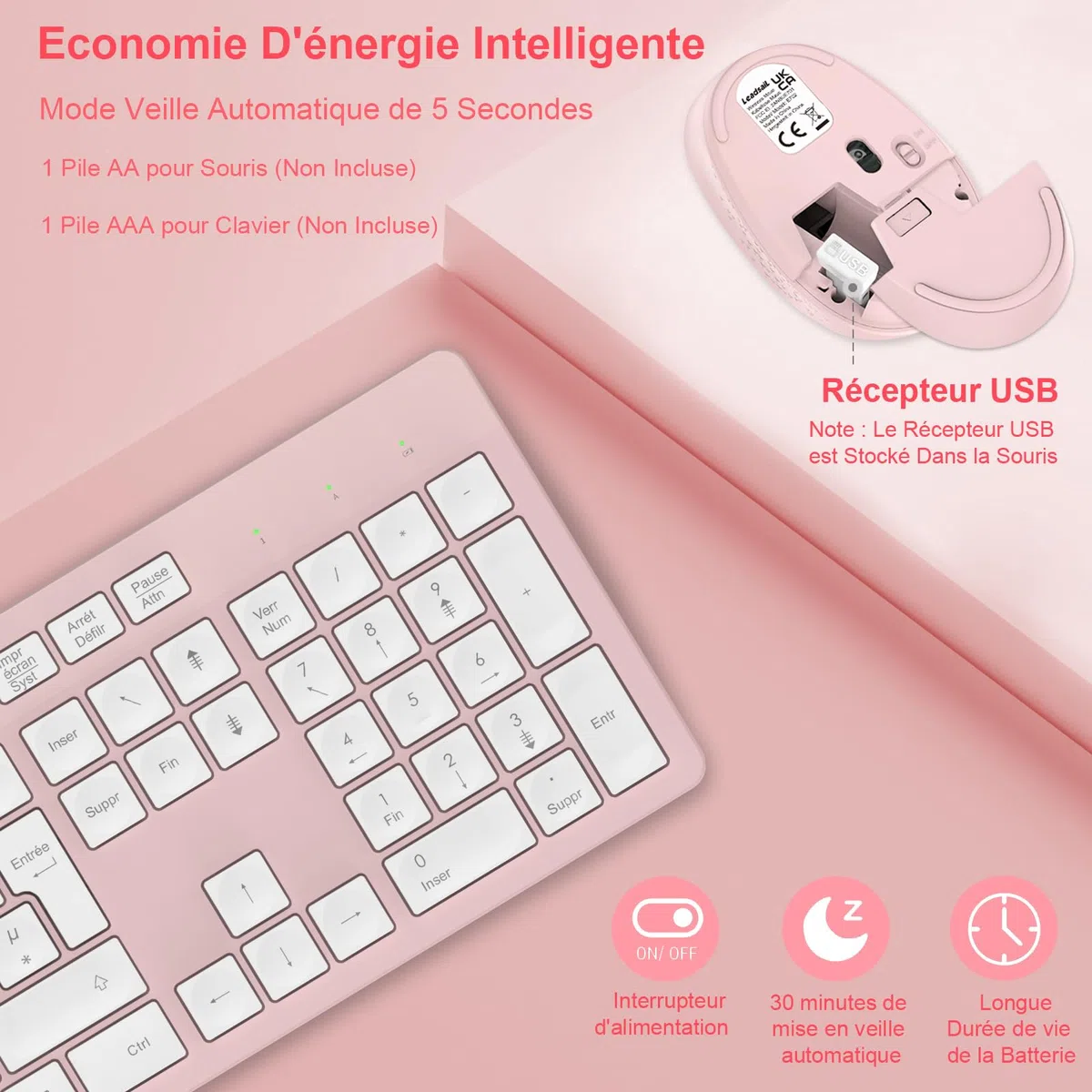 LeadsaiL Ensemble Clavier et Souris sans Fil, Ultra Mince and Silencieux Clavier AZERTY Français Pleine Taille 2.4G avec Récepteur USB pour PC, Ordinateur Portable, Windows, Mac -Rose