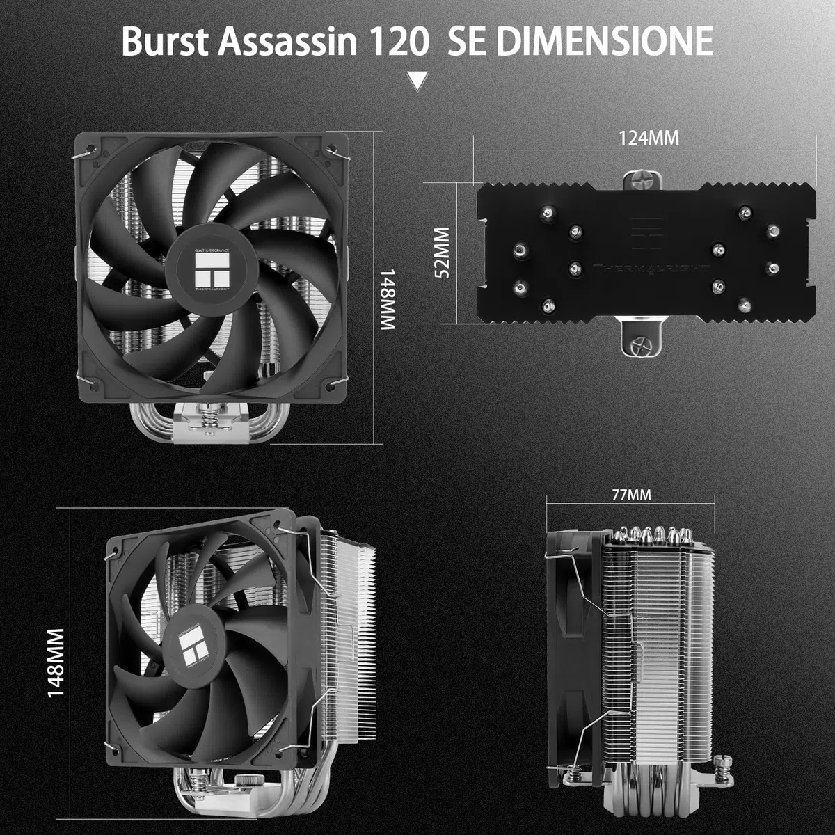 TR Burst Assassin 120 SE Refroidisseur CPU, hauteur 148mm, ventilateur PWM 120mm avec vitesse 1550RPM, 6 caloducs, pour Intel 1700/1851/1150/1151/1200, AM4/AM5, refroidissement PC, noir (BA120SE)