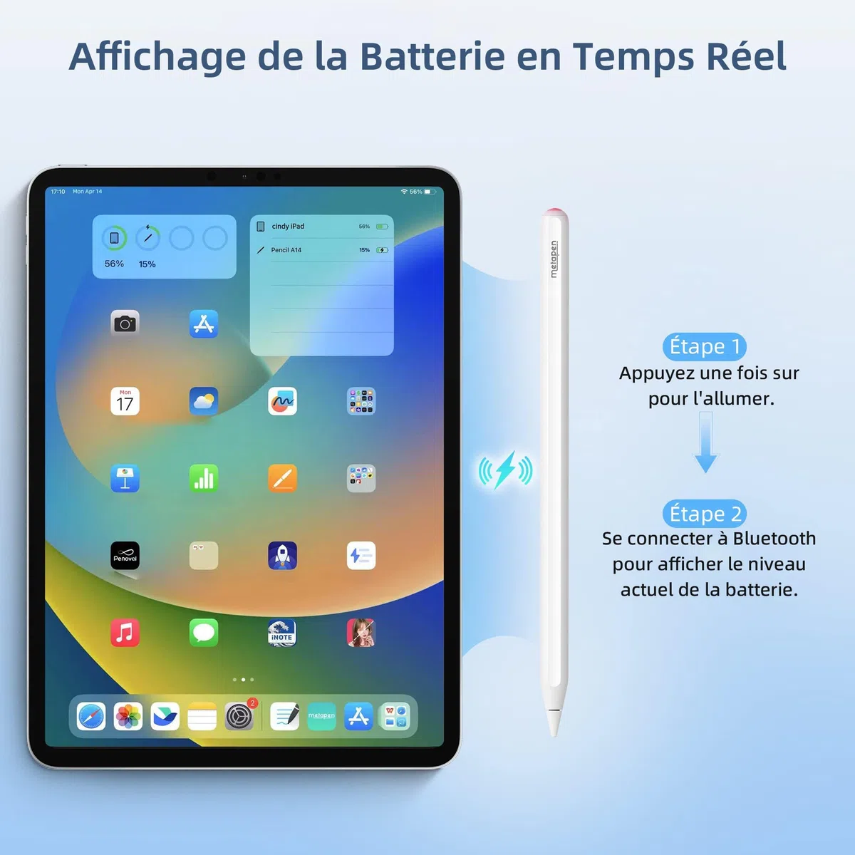 Metapen A14 Stylet pour iPad, Charge magnétique sans Fil & raccourcis Bluetooth,Compatible avec iPad Pro 11″ (1re–4e gén.) 12,9″ (3e–6e gén.), iPad Air 4e gén., iPad Mini 6