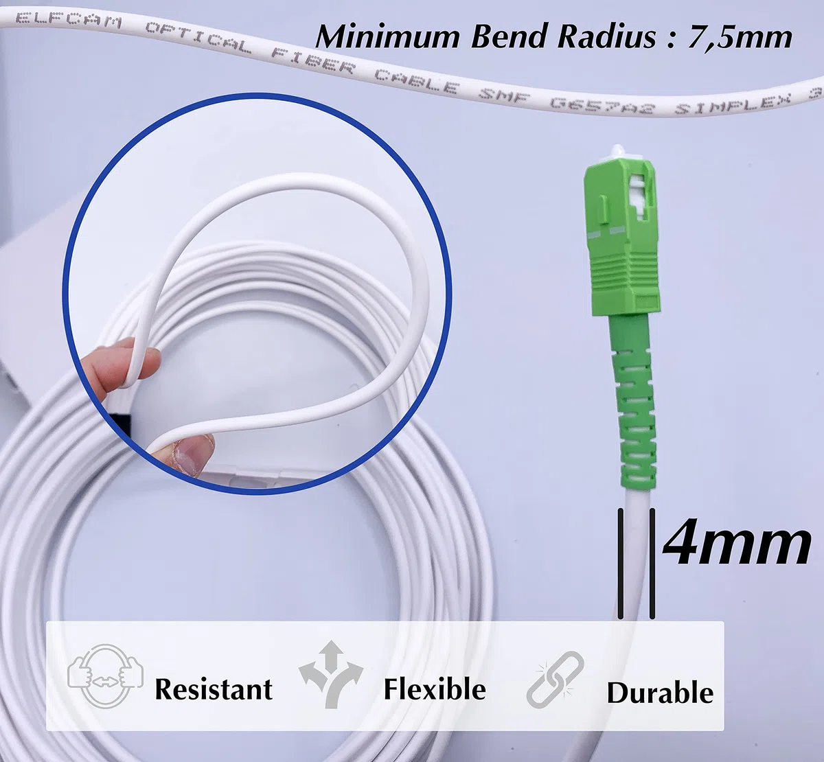 Elfcam - 20 Mètres Cable Fibre Optique Renforcé SC/APC à SC/APC Simplex Monomode (Diamètre: 3,0mm), Equipé d'une PTO, Rallonge Utilisée pour Déplacer le Boîtier Fibre, Sans la Moindre Perte de Débit