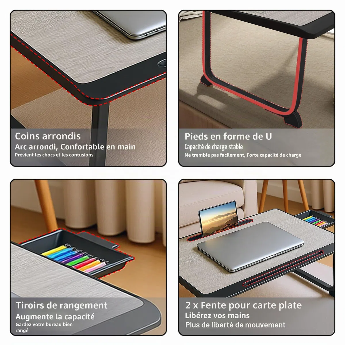 Planche de lit, Table de lit avec tiroir, pour Ordinateur, Lecture, Écriture, Repas et Regarder des Films sur Le Lit, Canapé ou au Sol, Bureau et Maison (Grey)