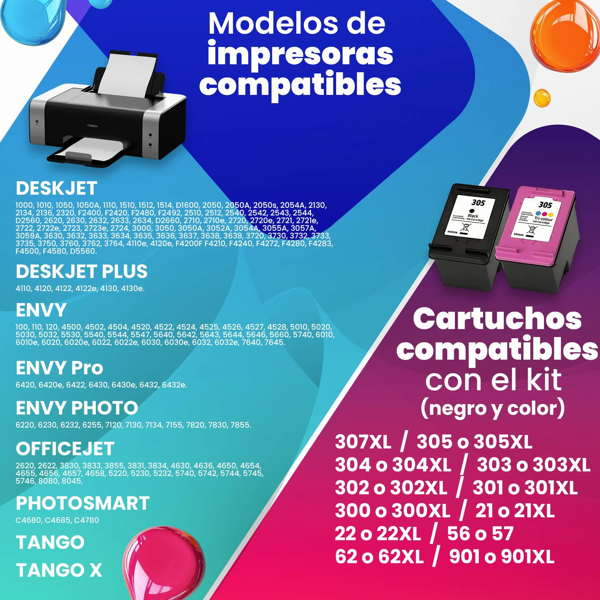 Kit de recharge d'encre compatible pour cartouches d'encre HP 307XL 305XL 304XL 303XL 302XL 301XL 300 301 302 303 304 305 21 22 62 Comprend 500 ml Encres+ Accessoires+ 50 ml Nettoyer les